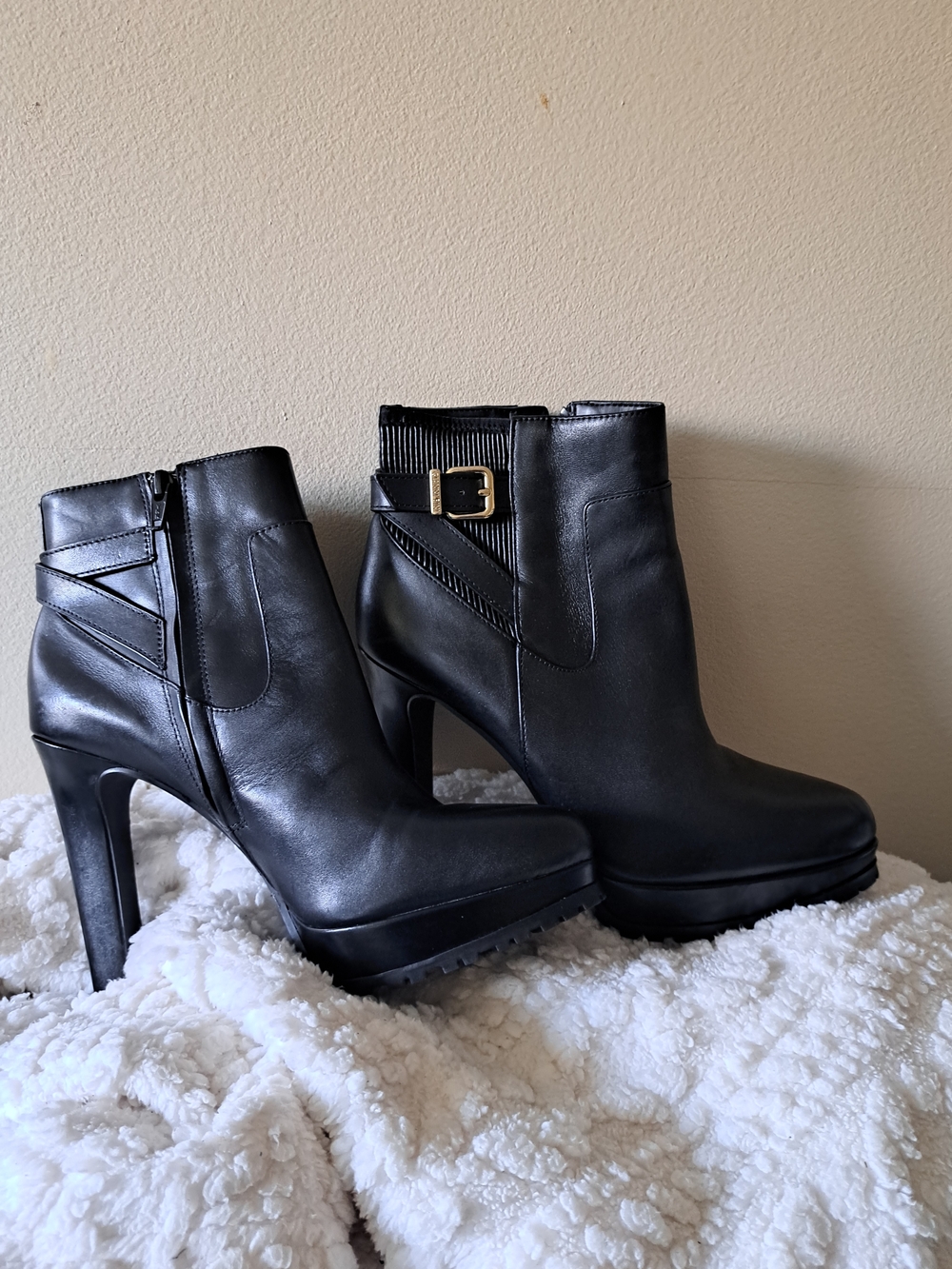 Gianni Bini Black Leather High Heel Ankle Booties with Buckle Detail
